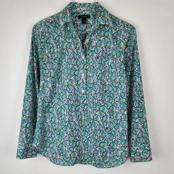 J Crew Leaves & Berries Green Blue Popover Button Front Shirt - Picture 1 of 16